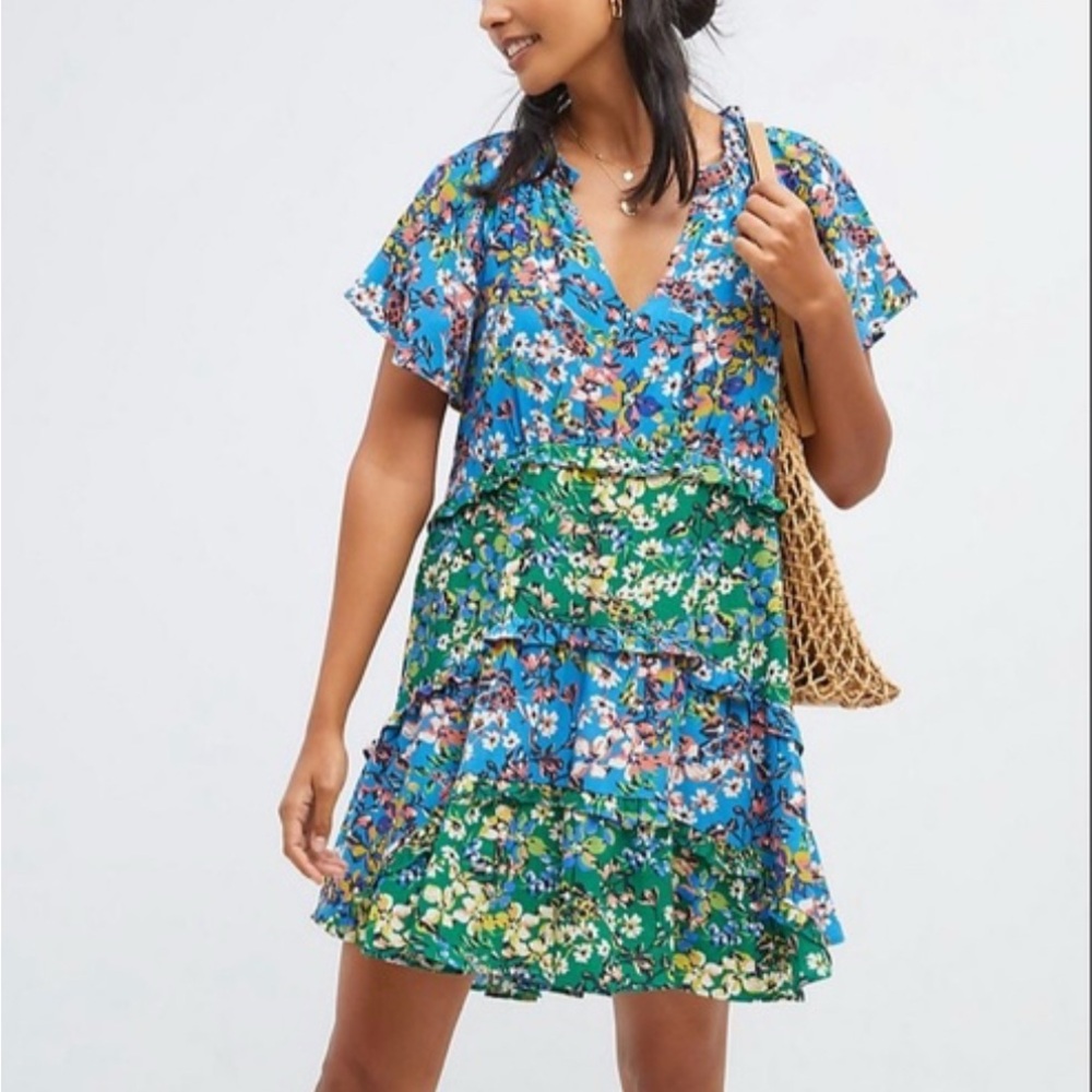 Anthropologie Blue and Green Floral Mini Dress